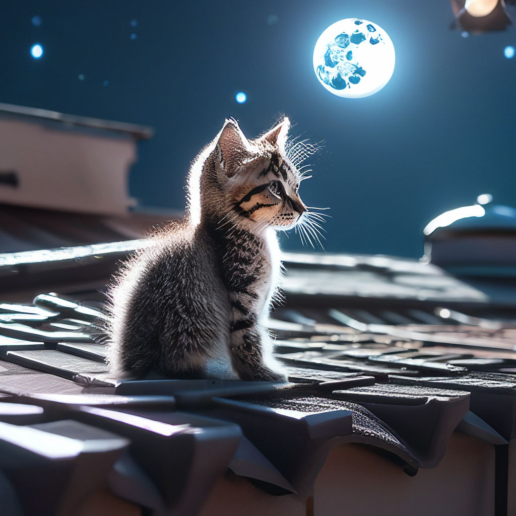"The kitten sits on the roof and looks at the moon beautifully ...