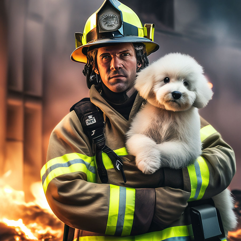 "A firefighter comes out of a burning building, holding a small, fluffy ...