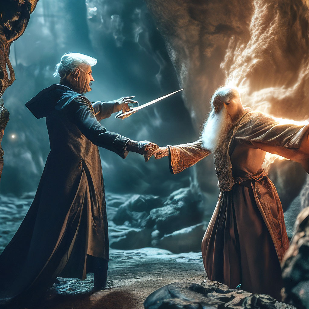 "An evil and a good magician are fighting in a cave, filigree ...