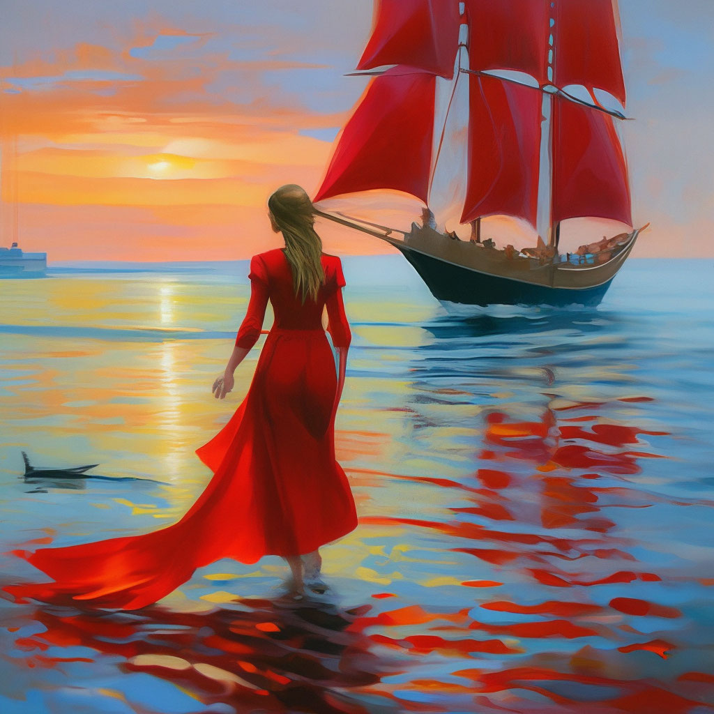 "Scarlet sails and a girl on the shore" — image created in Shedevrum
