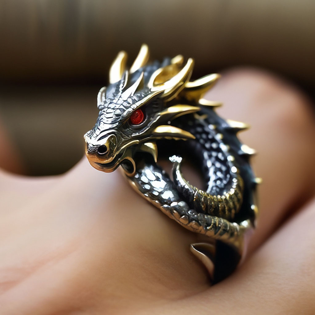 on a beautiful ring sits a fluffy dragon realism gold,silver,black,red ...