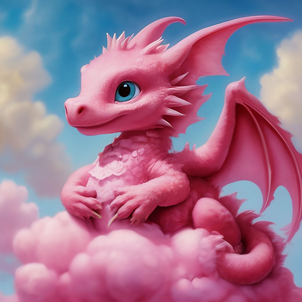 "A cute pink dragon sits on a soft fluffy cloud, fabulously, high ...