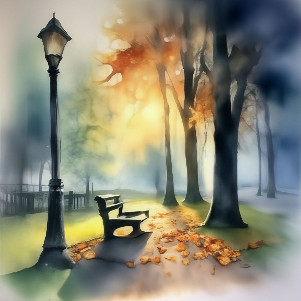 "Watercolor autumn park evening rays on the bench to create a volume of ...