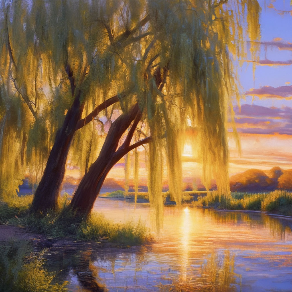"Willow near the sunrise river high detail" — image created in Shedevrum