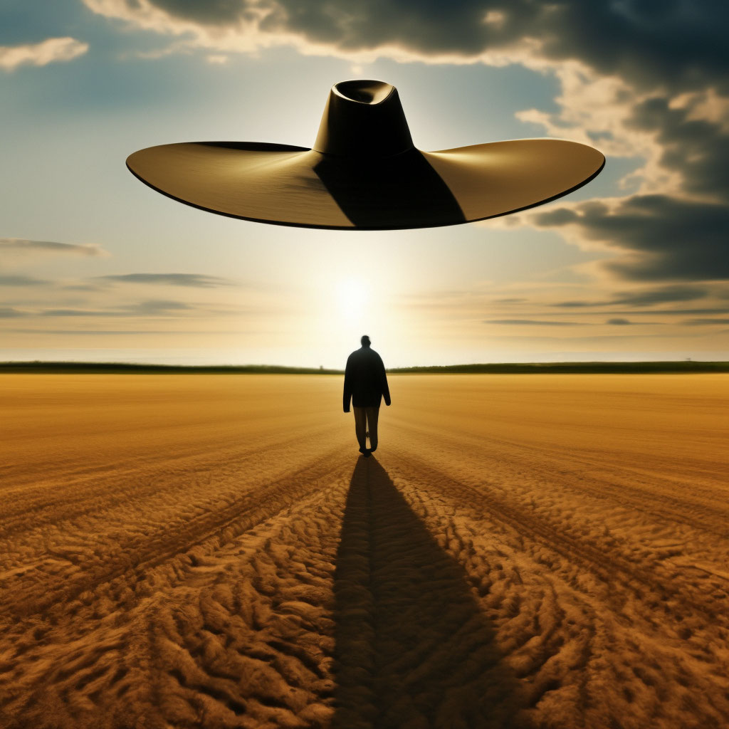"Broad-shouldered man in a wide-brimmed hat walking across a wide field ...