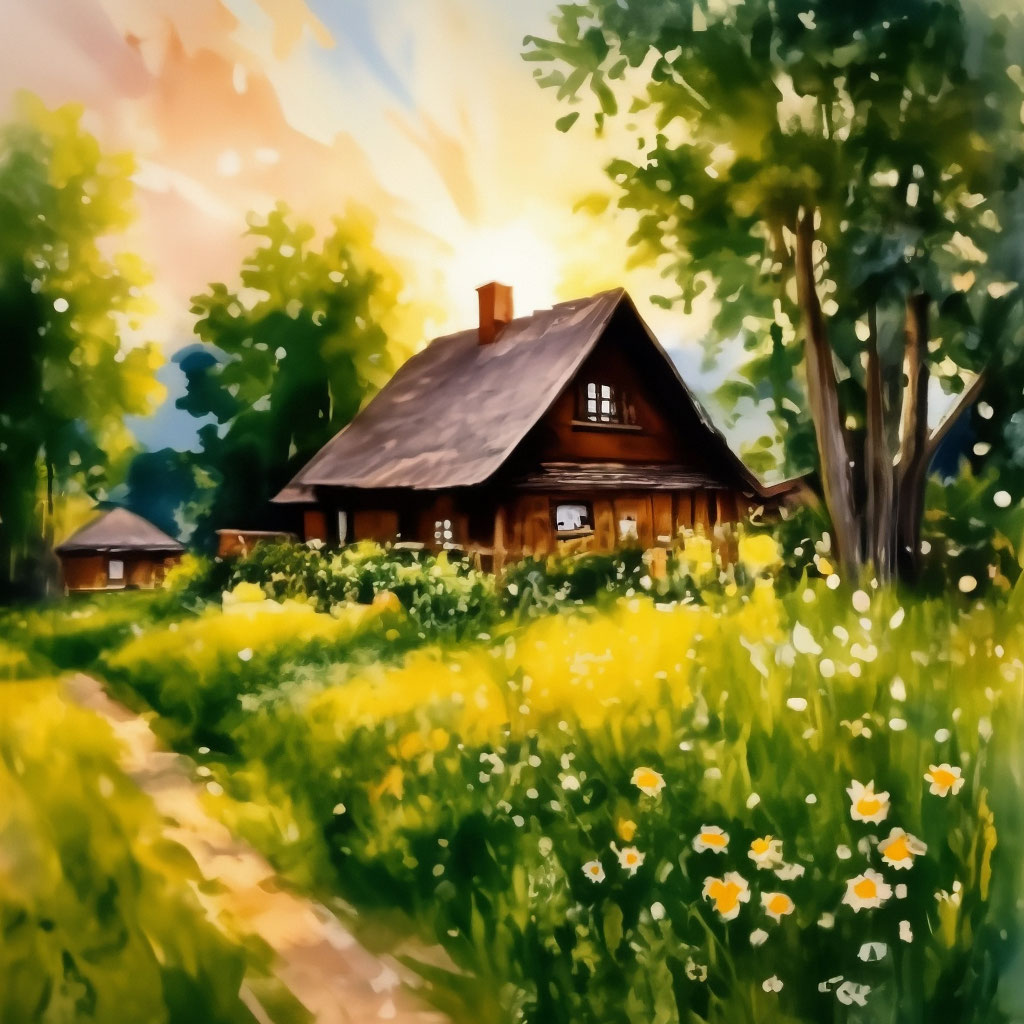 "It's good to have a house in the village warm tones watercolor summer ...
