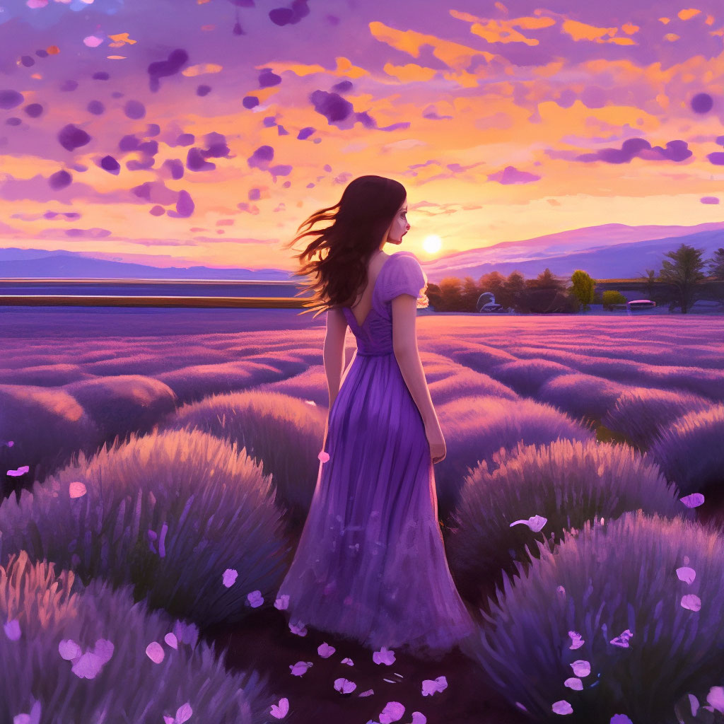 "A girl with brown hair in a purple lace dress stands in the middle of ...