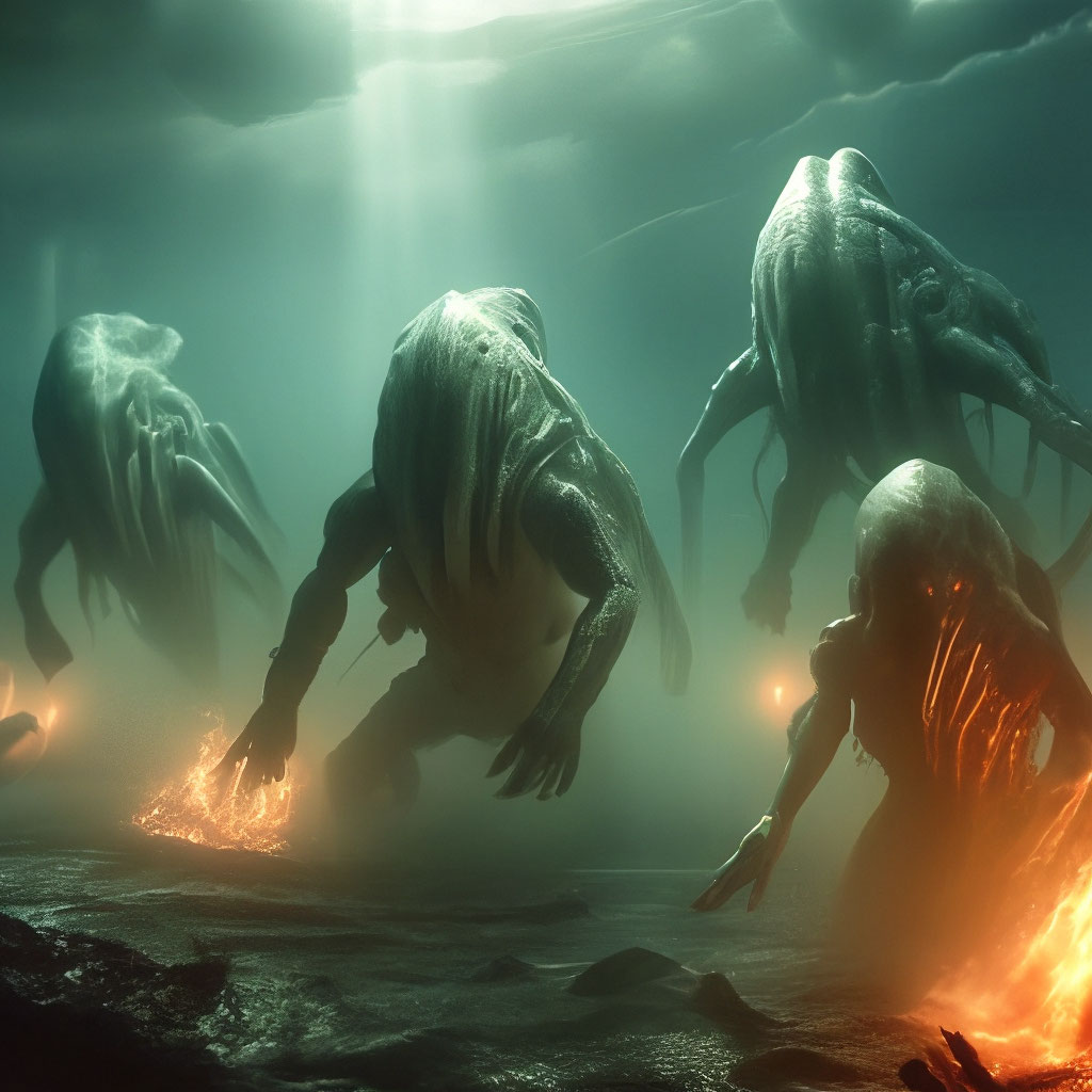 "Megalophobia underwater monsters" — image created in Shedevrum