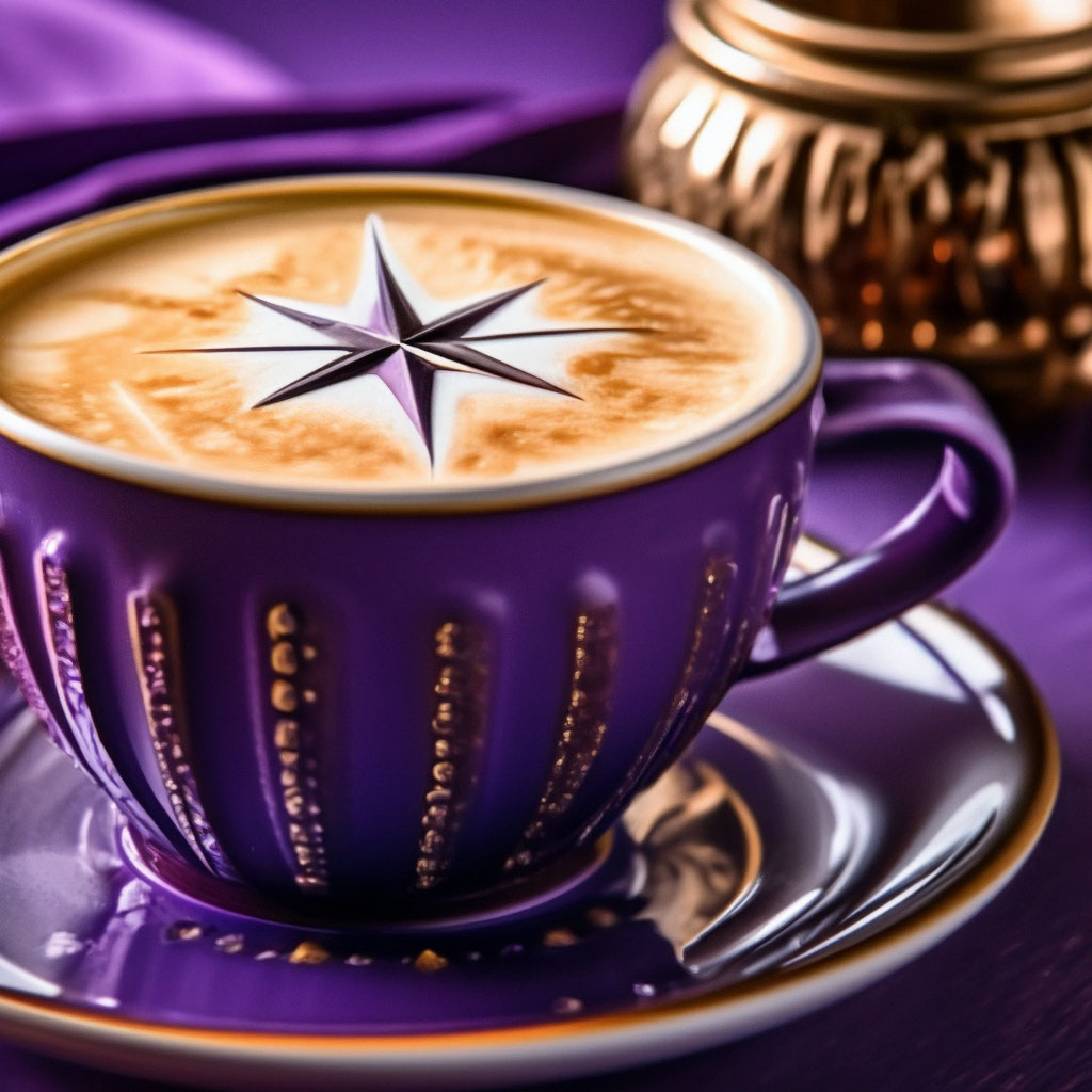 "On a purple background on the table a cup of coffee on the surface of ...