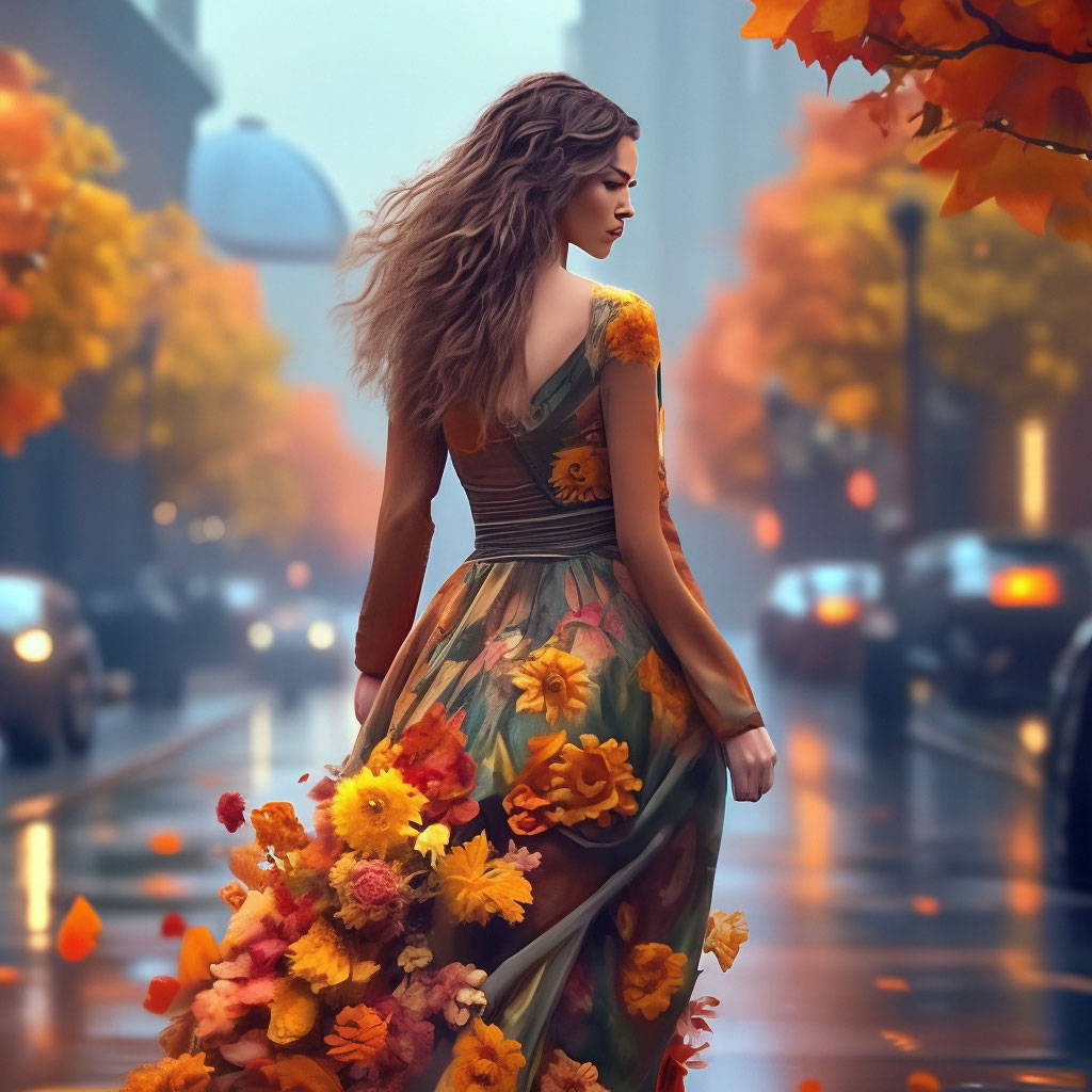 "A beautiful woman in a long dress made of autumn flowers, full-length ...