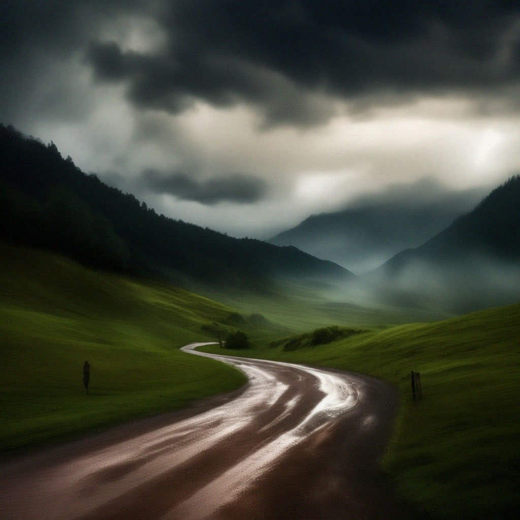 ". surrealism Winding dirt road wet after the rain mountains with green ...