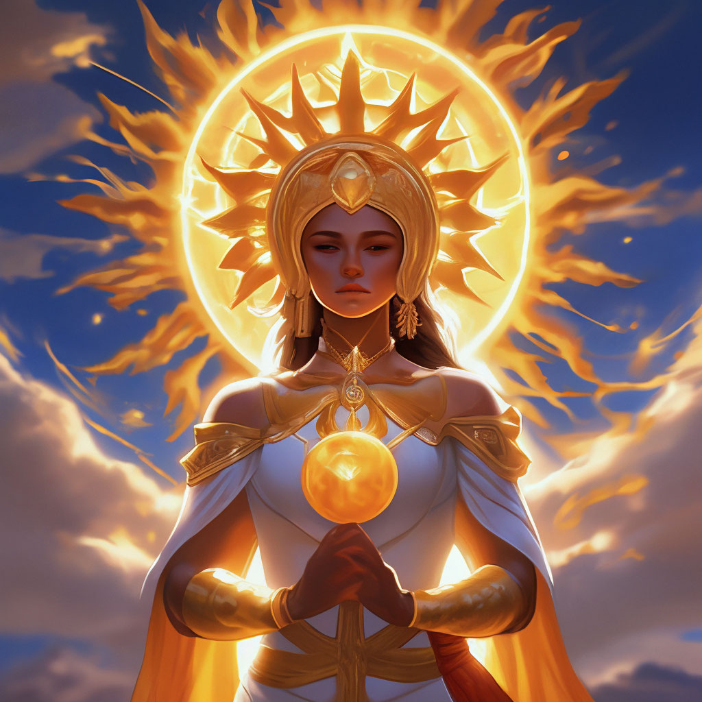 "The girl goddess of the sun holds the power of the sun in her hands ...