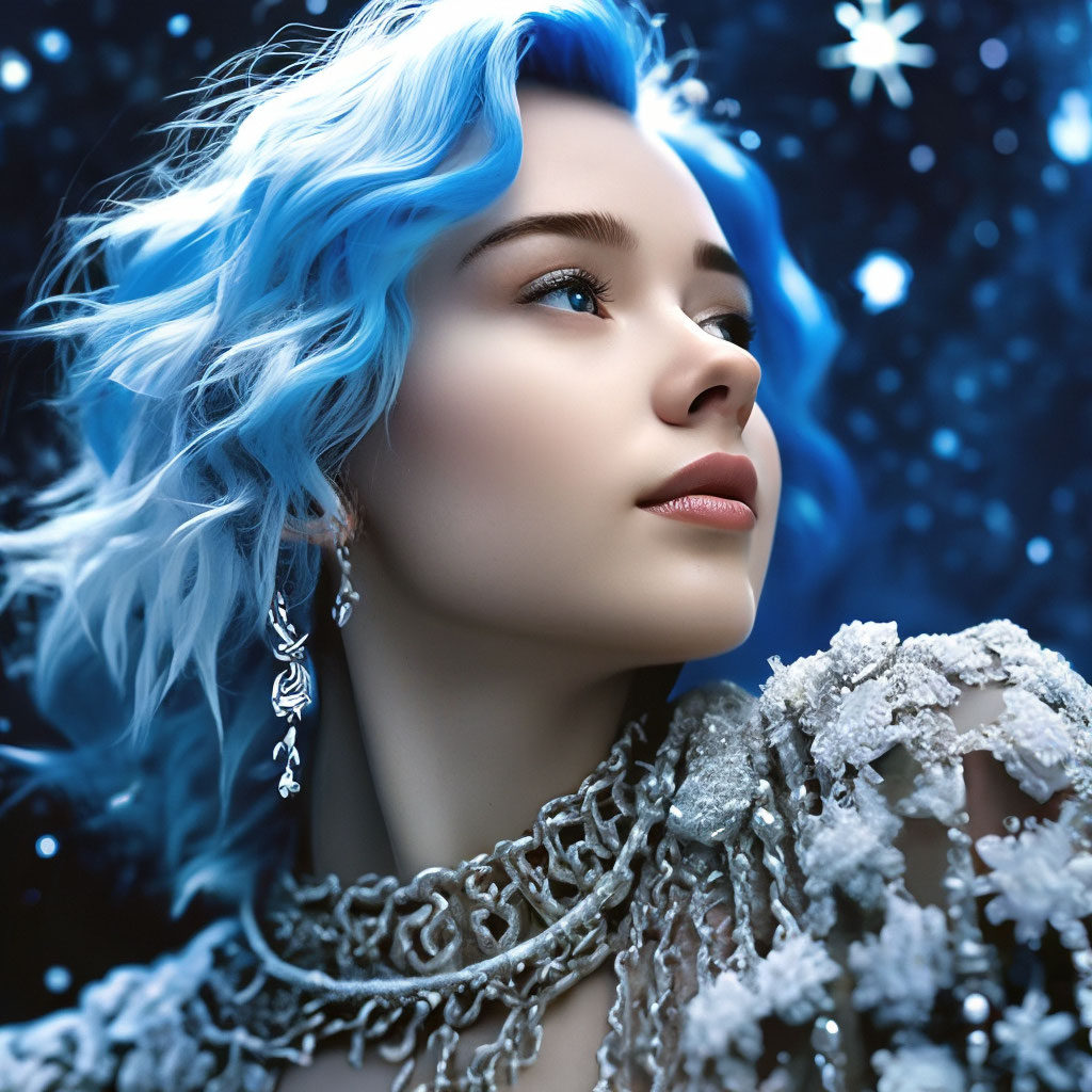 "🤍 A girl with blue hair looks at the starry sky, in a dress made of ...