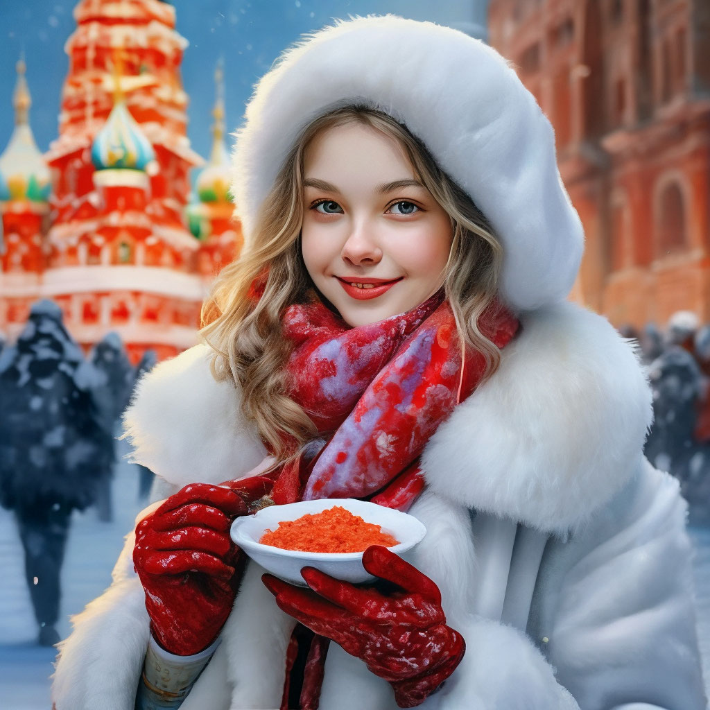 "A cute girl in a white fur coat and a colorful scarf eats red caviar ...