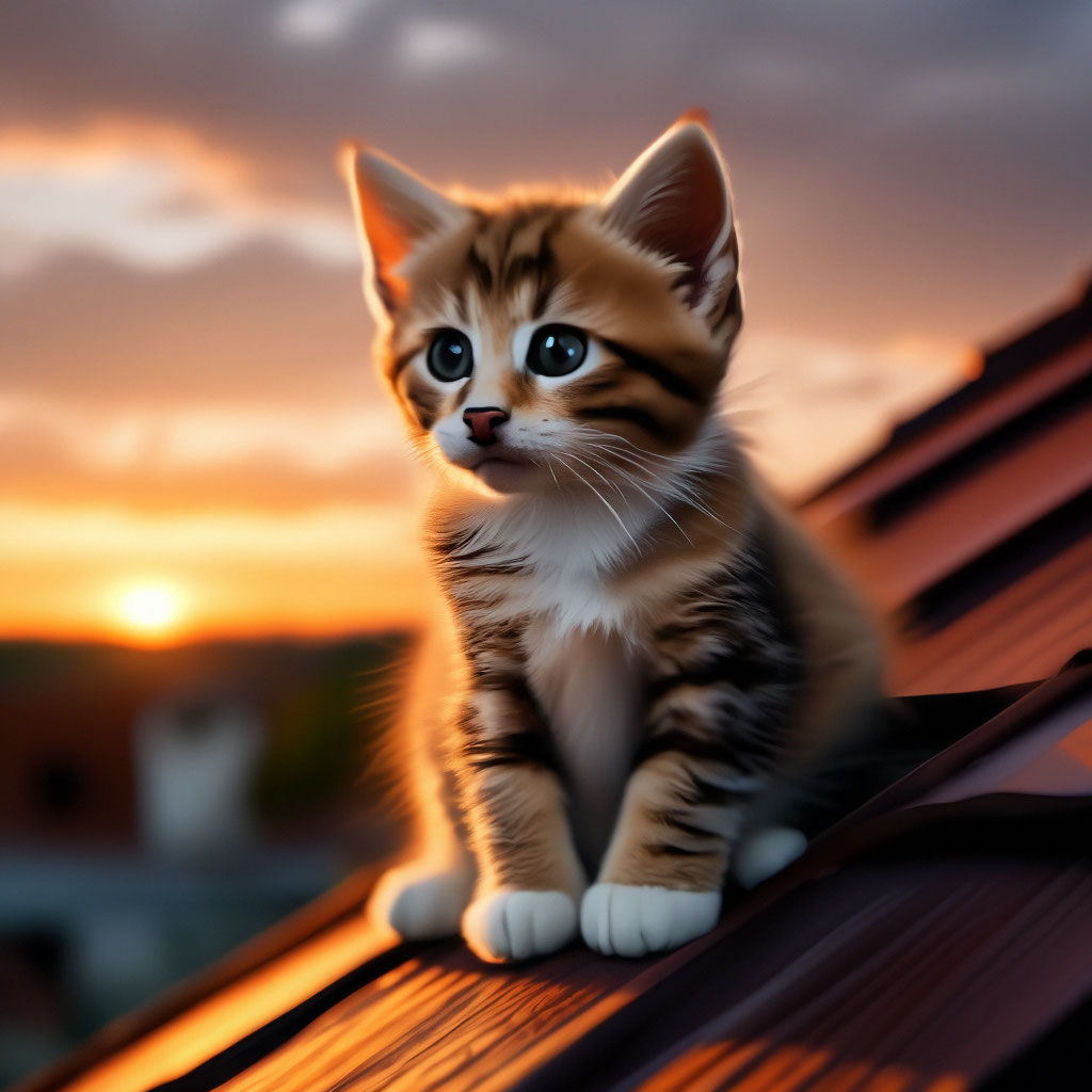 "A little kitten sits on the roof of a house and looks at the sunset ...