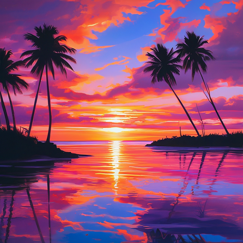 "A bright sunset over the ocean. The sky is painted in shades of orange ...