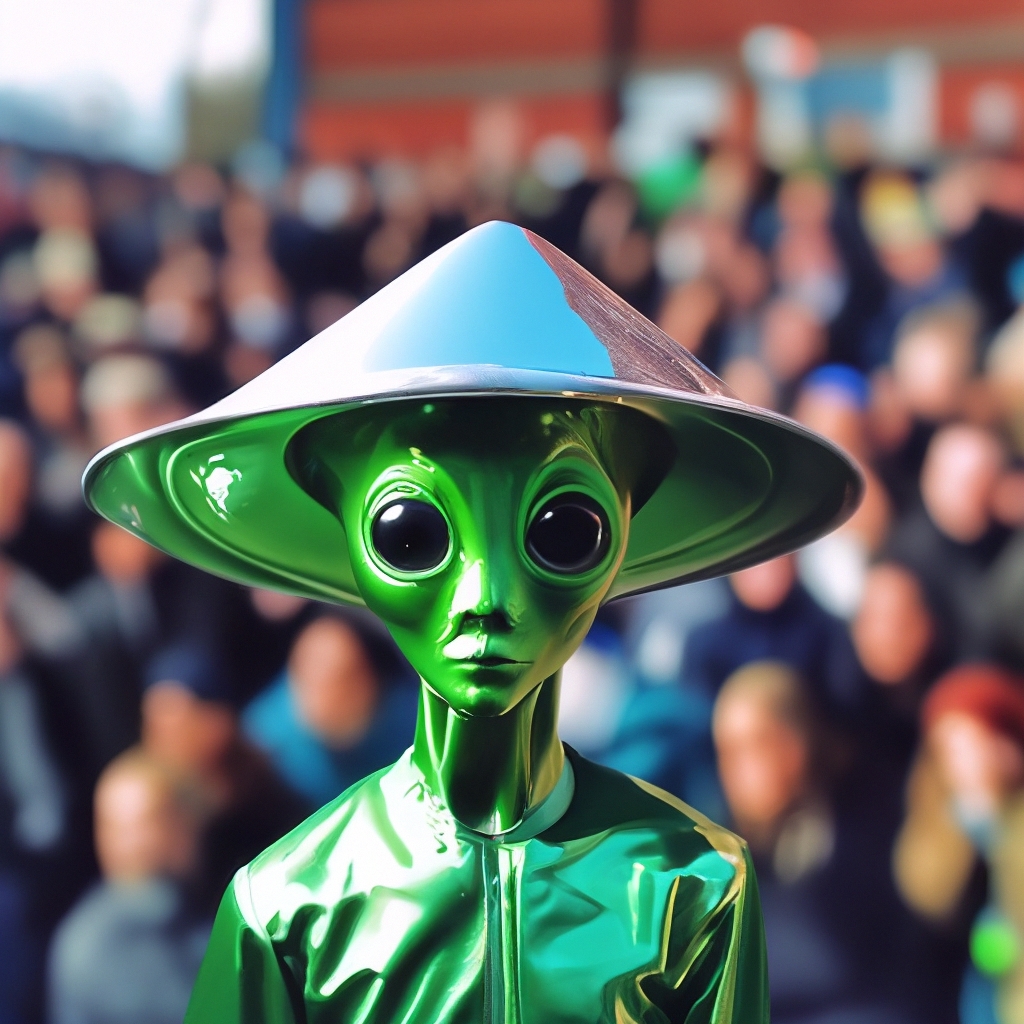 "Alien in a foil cap, silver cone-shaped foil cap, green alien standing ...
