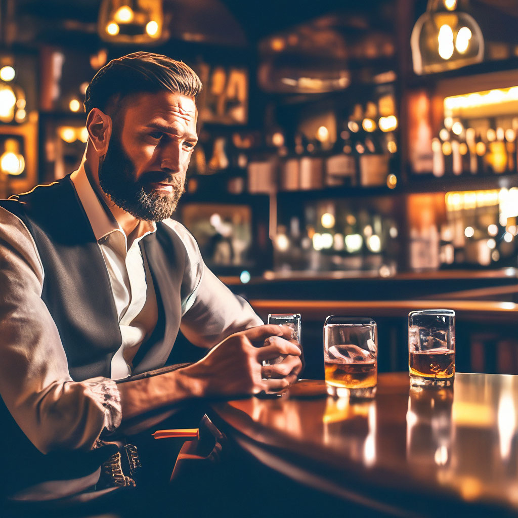 "A man is sitting in a bar holding a glass of whiskey. realistically ...