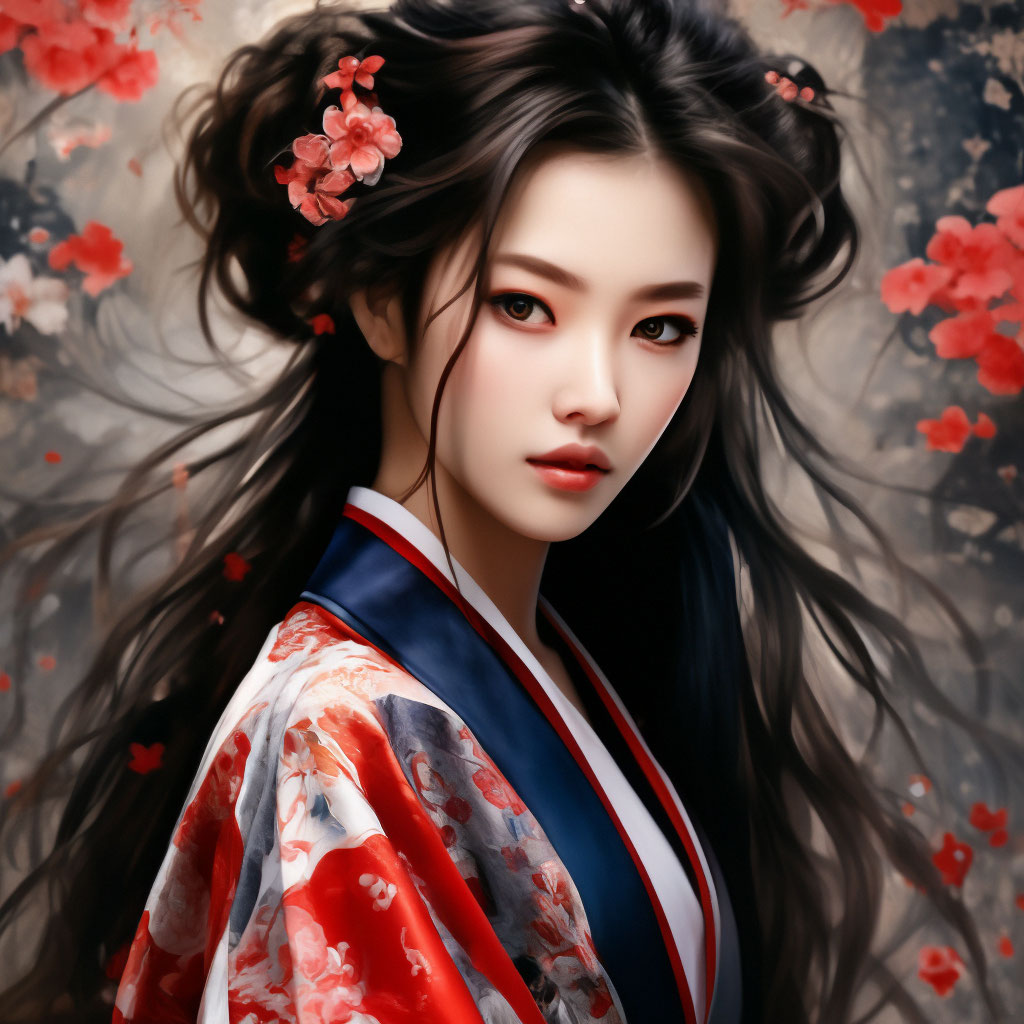 "Watercolor, fine drawing, in East Asian style, elegant girl in kimono ...