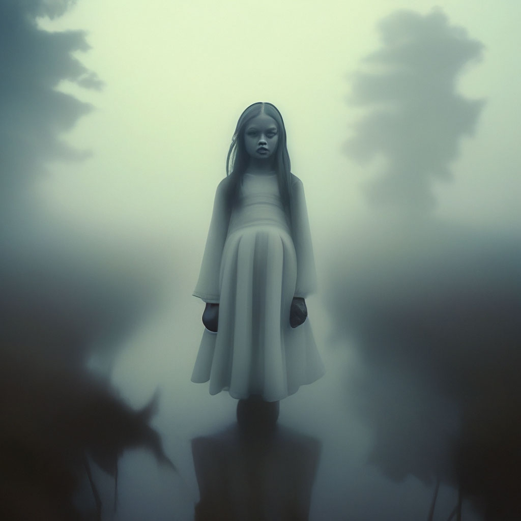 "Foggy creepy photograph of a ghostly girl" — image created in Shedevrum