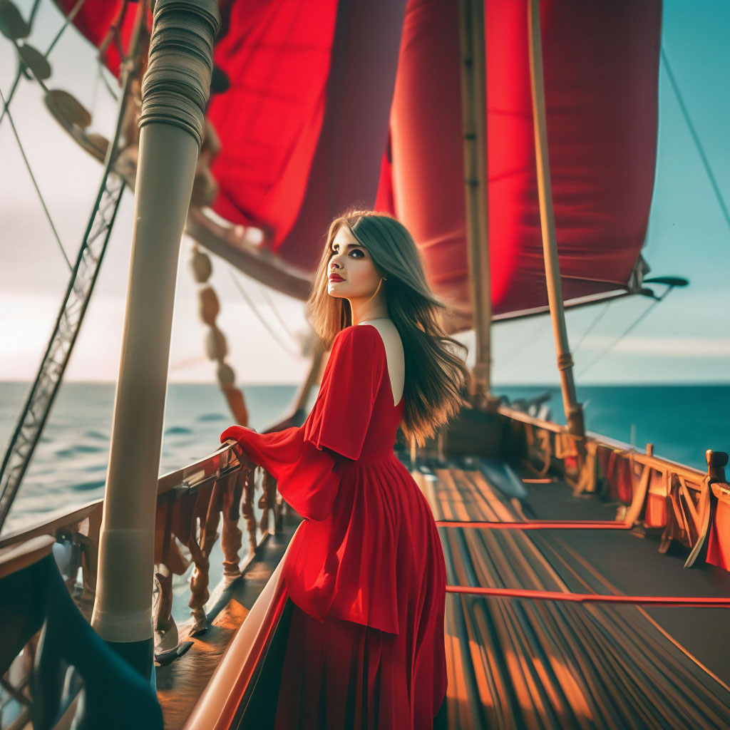 "A girl on the deck of a ship with scarlet sails" — image created in ...