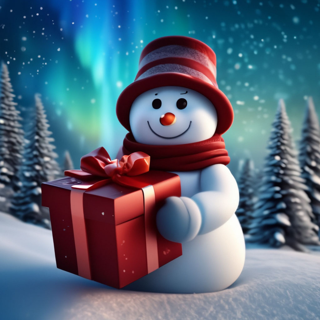 "The snowman gives you a gift. a box with a big bow. against the ...