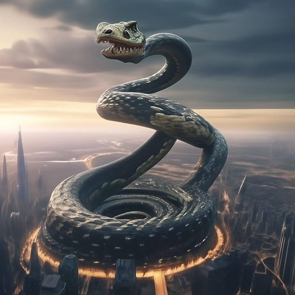 "A snake reaching 105 billion sizes" — image created in Shedevrum