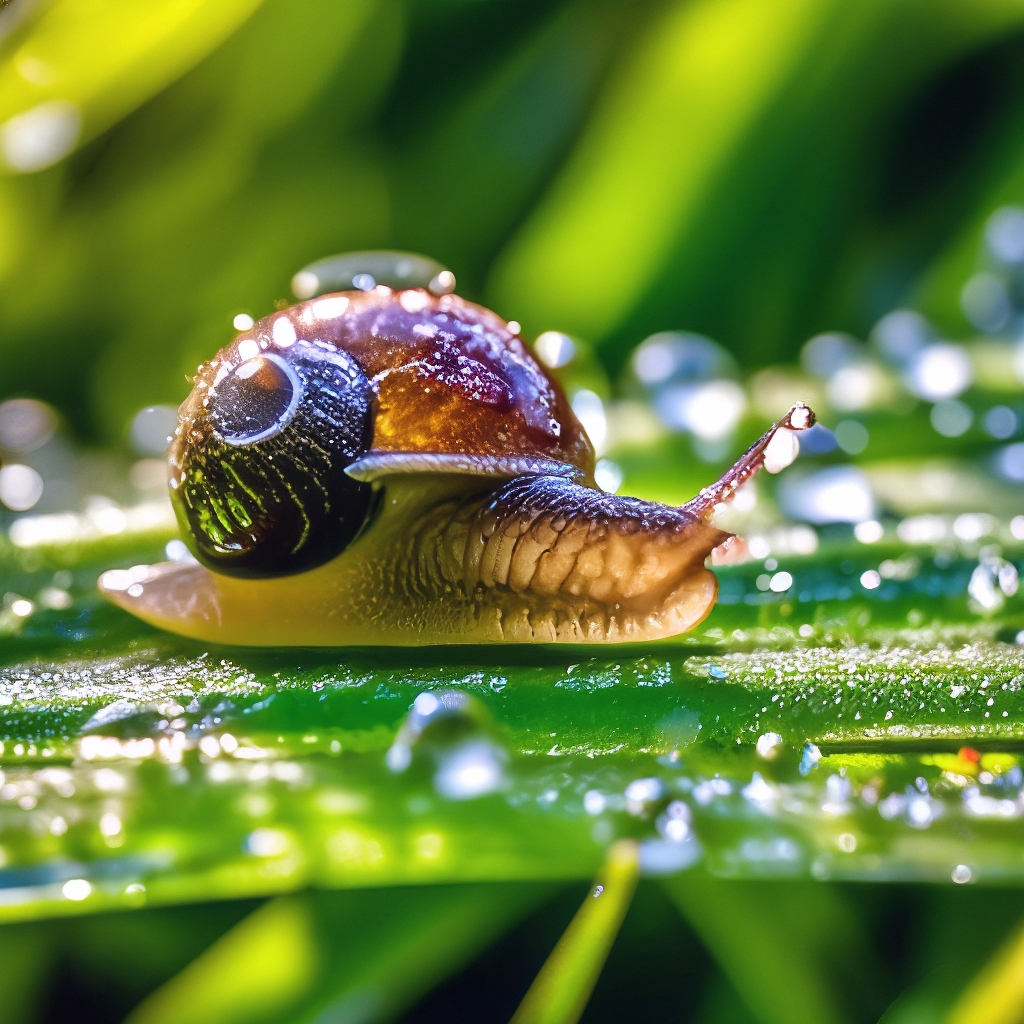 "Nature. a leaf of grass covered with dew, a grape snail crawls in ...