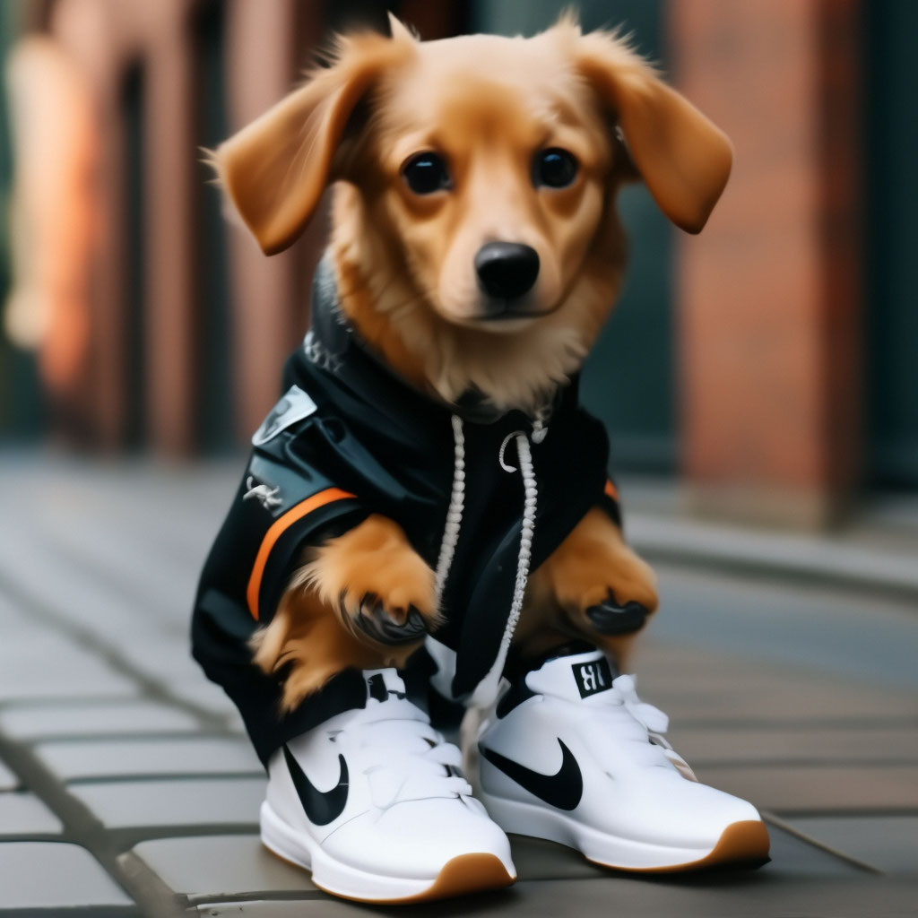 A fashionable dog in nike sneakers image created in Shedevrum