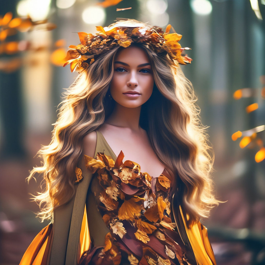 "A beautiful girl with long wavy hair, a wreath stands in an autumn ...