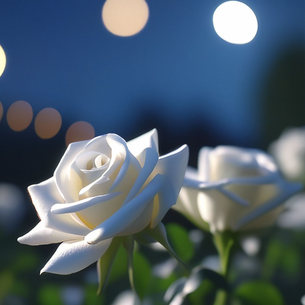 "White roses at night with moonlight, aesthetically pleasing, beautiful ...