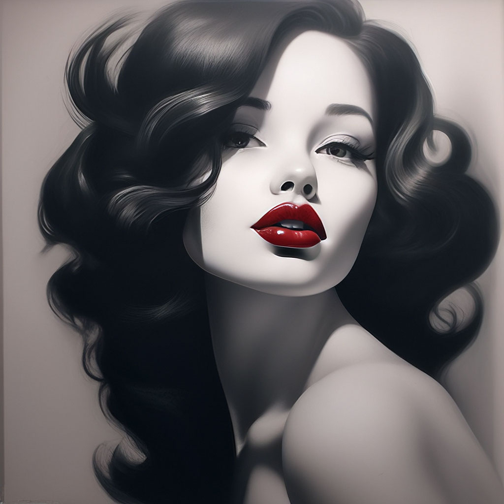 "Black and white painting of a girl with red lips" — image created in ...