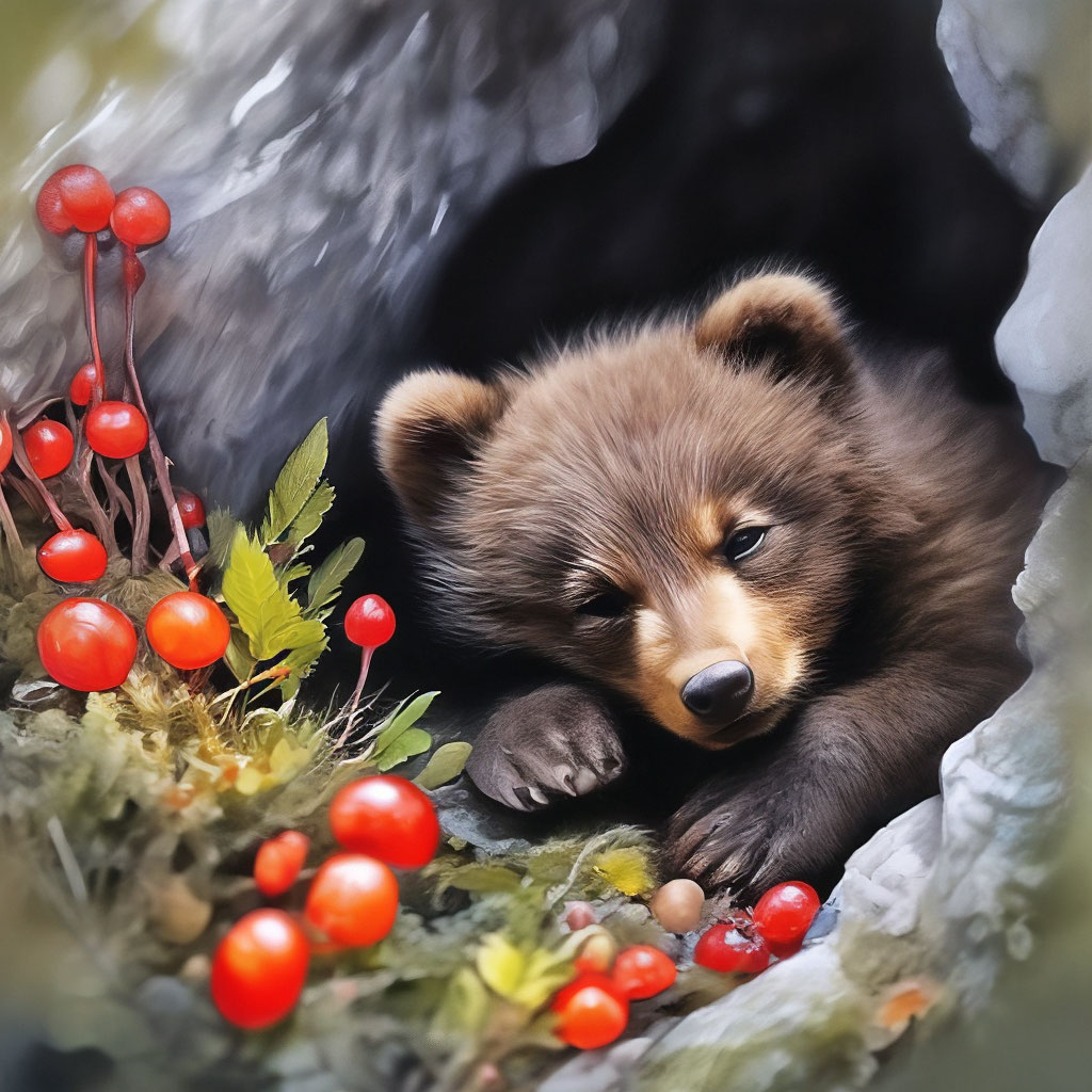 "Realism, fantasy and colored ink: a bear cub sleeps in a cave Mishutka ...