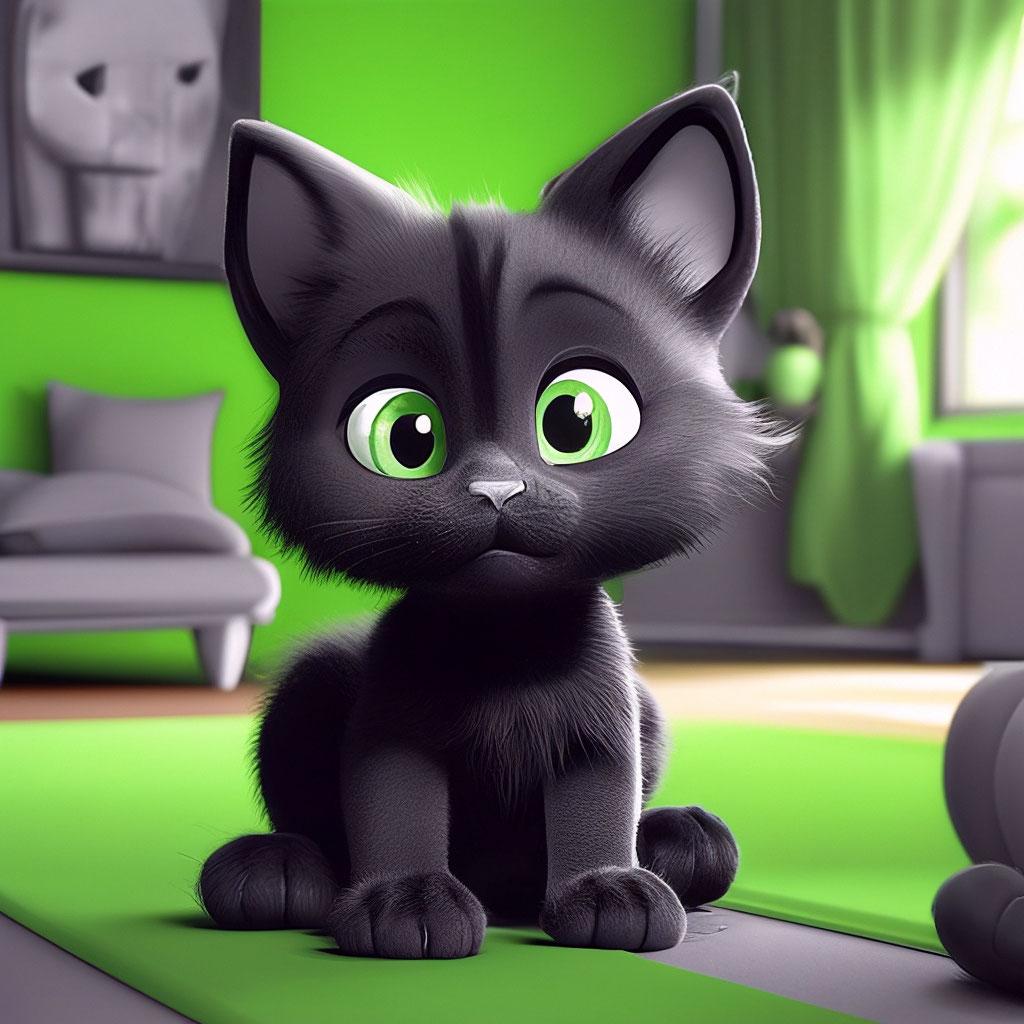 "Cartoon black kitten with huge cute green eyes in a green room with ...