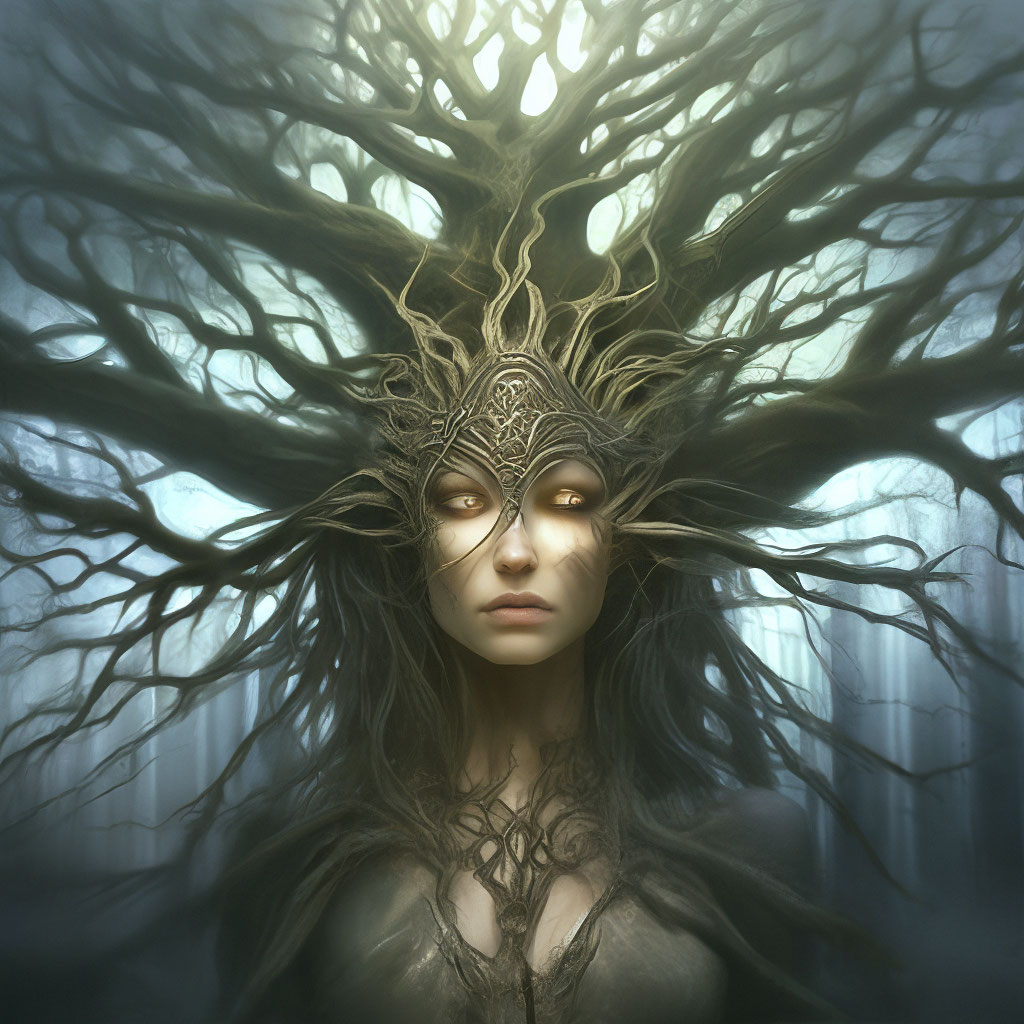 "Painting of a woman with a tree on her head, fantasy art, eyeball ...