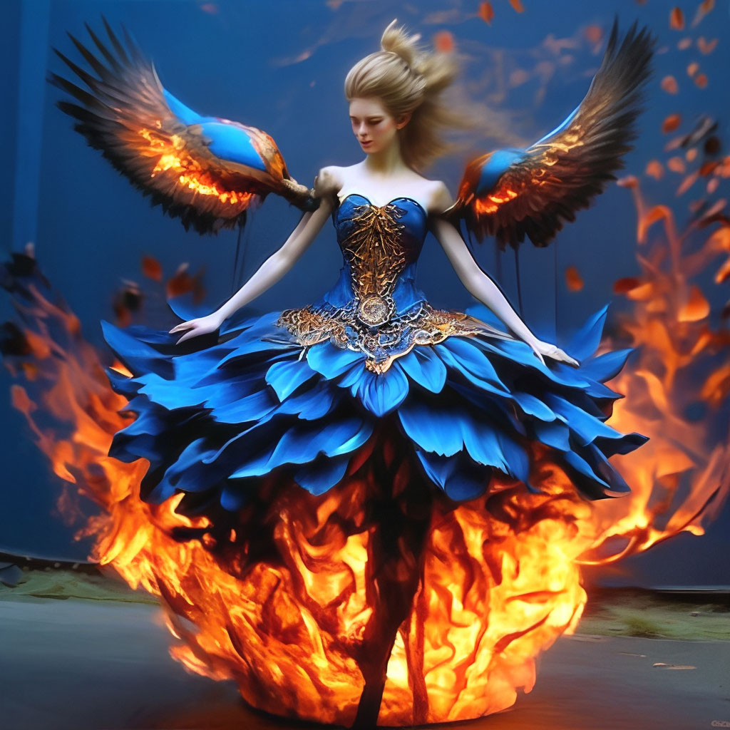 Fantastic flower ballerina dress made of fire blue birds fire"  image  created in Shedevrum