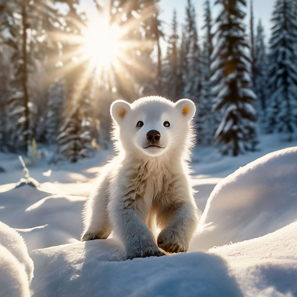 "Cute playful white fluffy bear cub in full growth in a clearing, snow ...