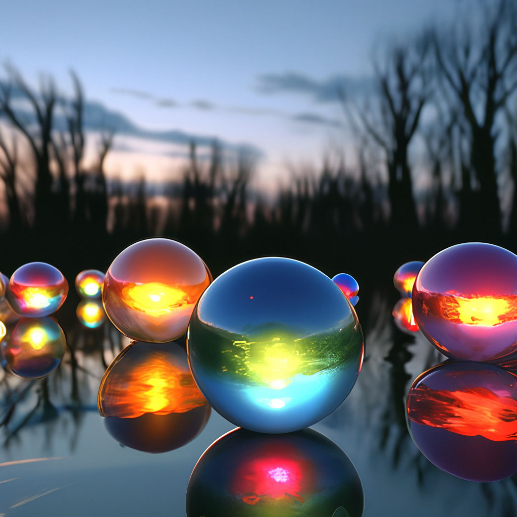 "Colored glass balls lie on the surface of a mirrored glass lake ...