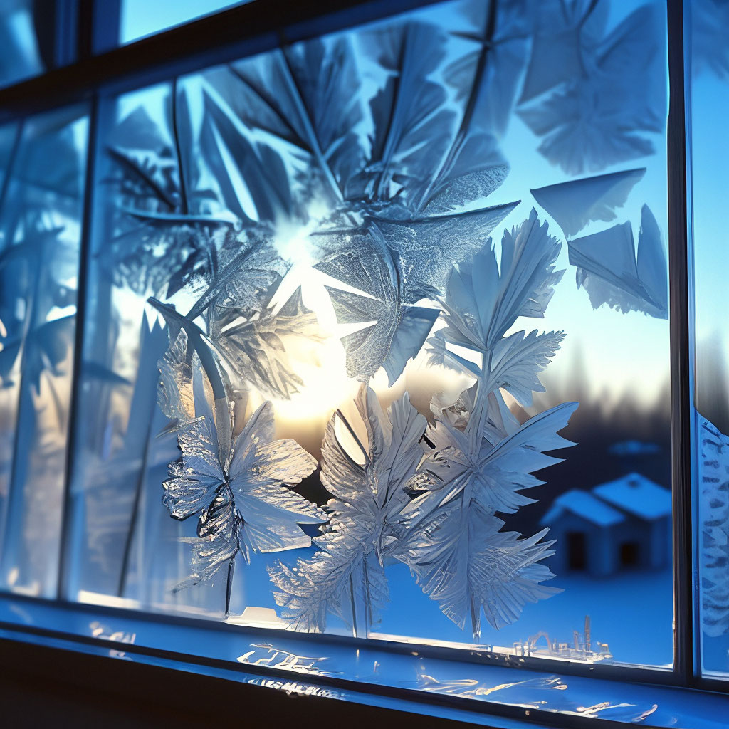 "Realistic window with beautiful frosty patterns on the glass, blue ...