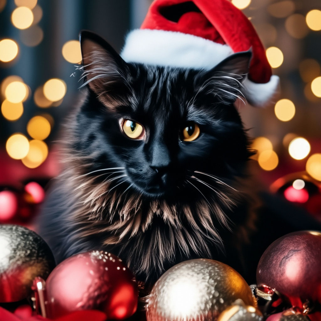 Новогодний кот, черный, гирлянды, …» — создано в Шедевруме