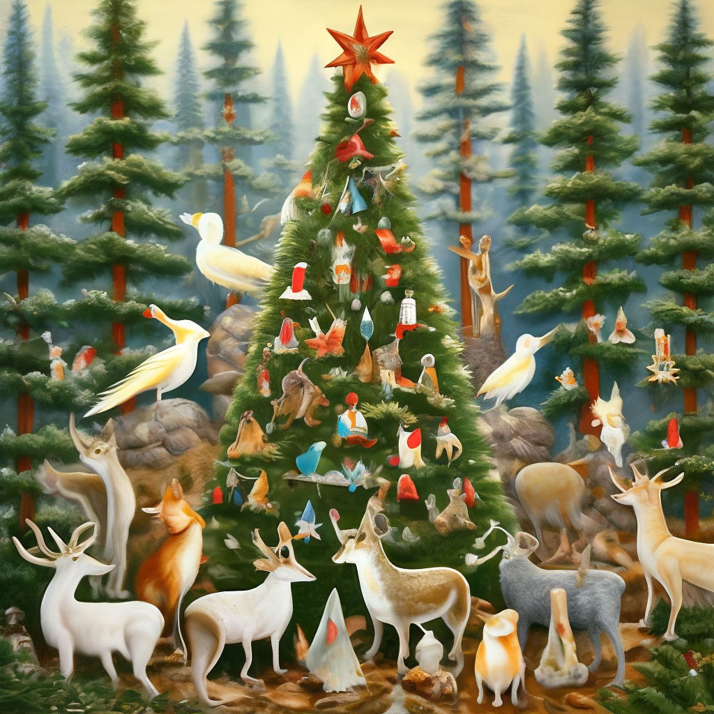 "In a dense fir tree, one of the fir trees is decorated with forest ...