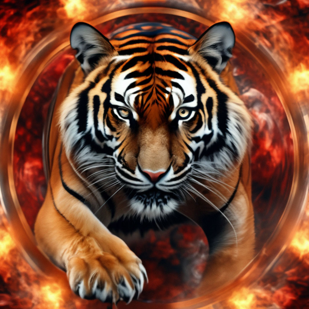 "Tiger jumps through a ring of fire in a circus,foggy fractal, spiral ...