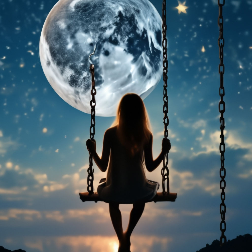 "Swings are tied to the big moon, a girl is swinging on the swing ...