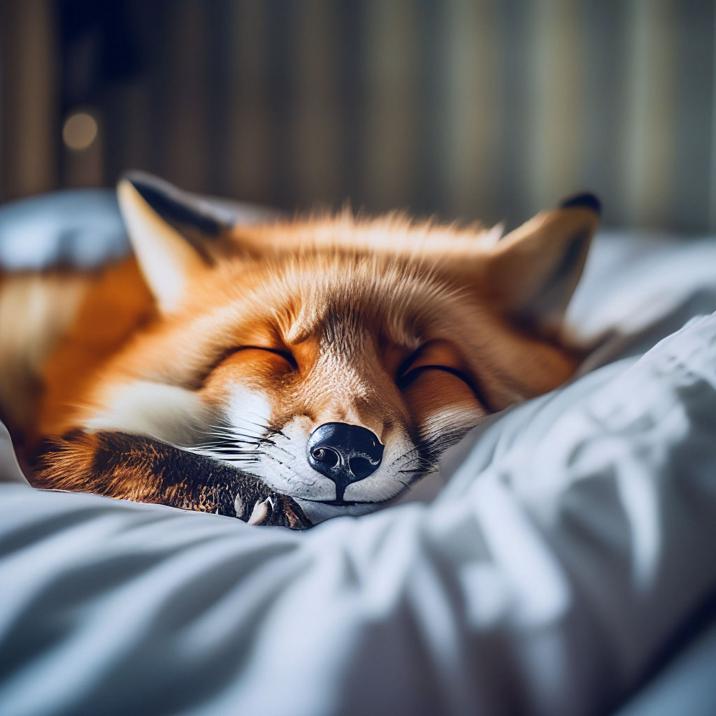 "Fluffy fox sleeps and lies in bed, aesthetically pleasing, beautiful ...