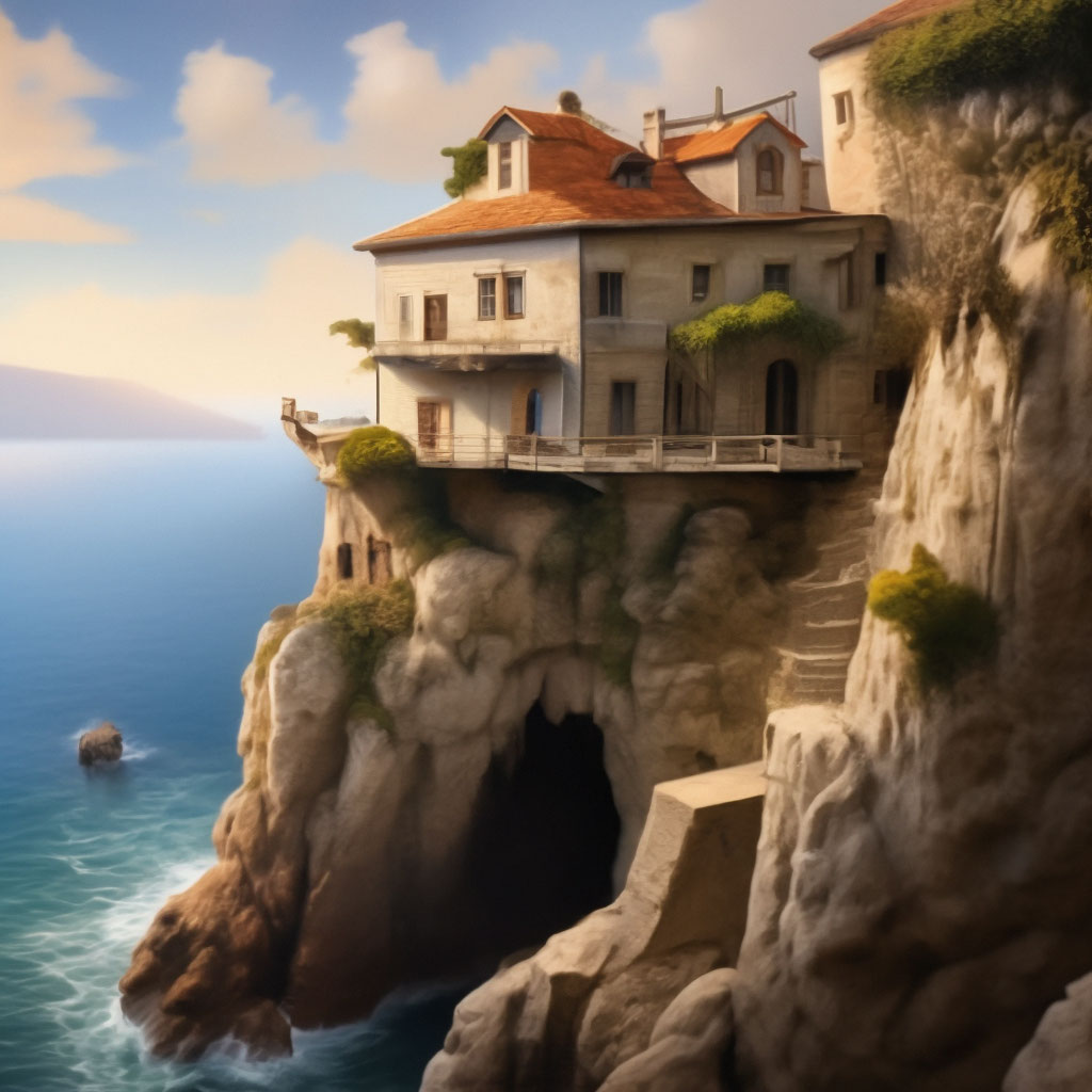 "An old village house on a cliff" — image created in Shedevrum