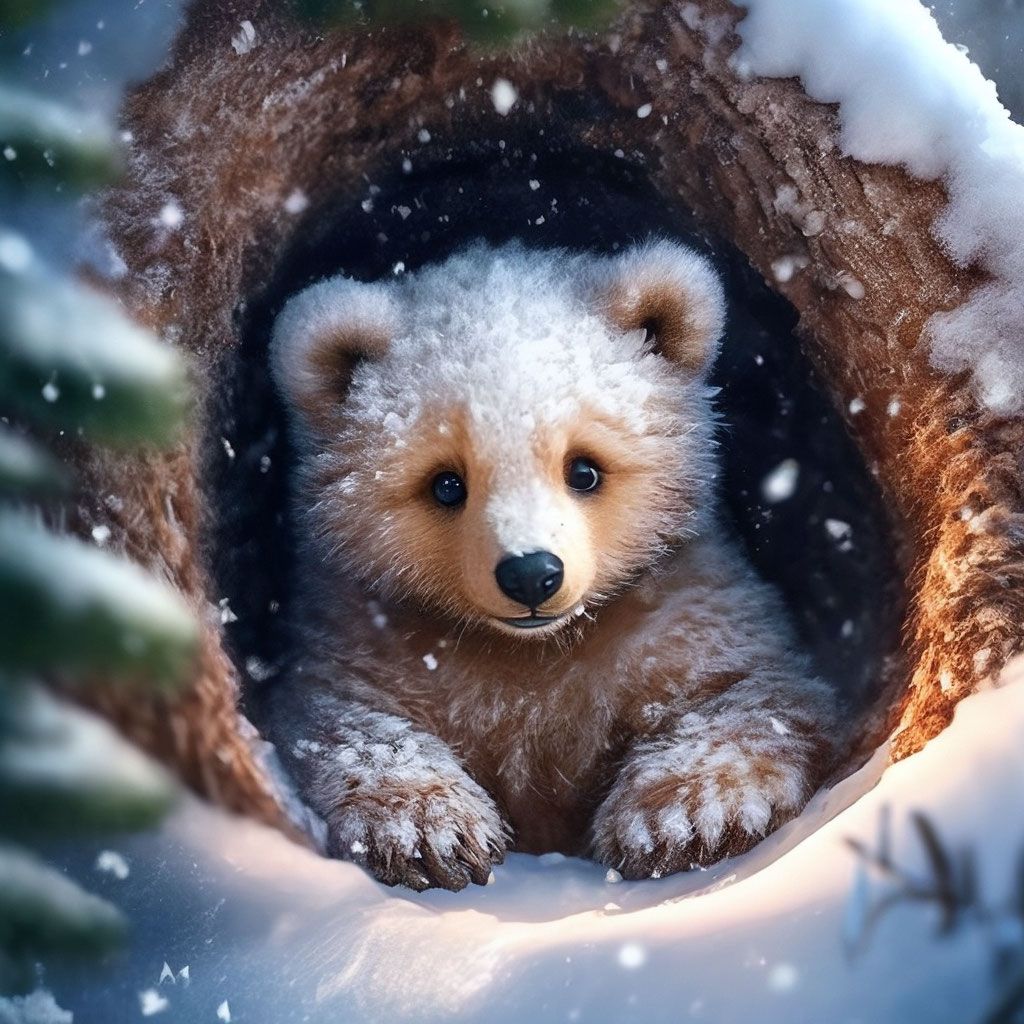 "First snow Beautiful little bear cub sitting in a hole, snow all ...