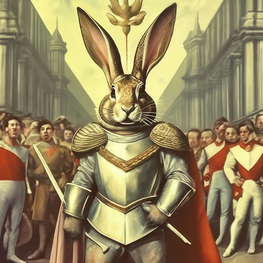 "A rabbit in shining armor with a crown and 2 meters tall looks at his ...