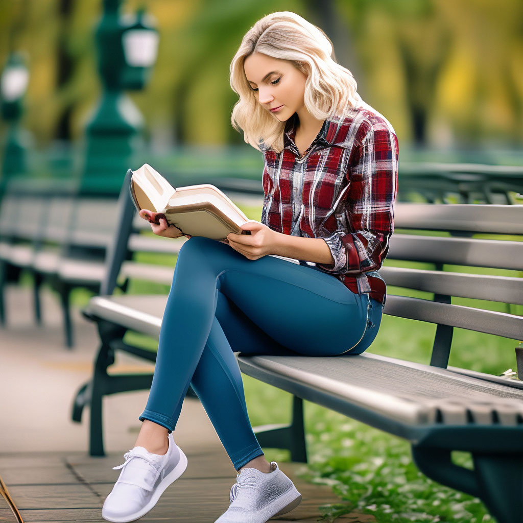 "A girl sitting on a bench in the park and reading a book. blonde ...