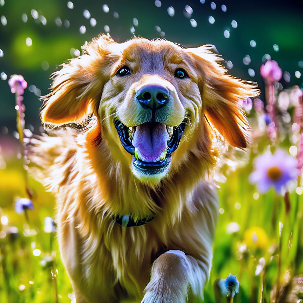 "My joyful dog is a golden retriever running through a flowery and ...