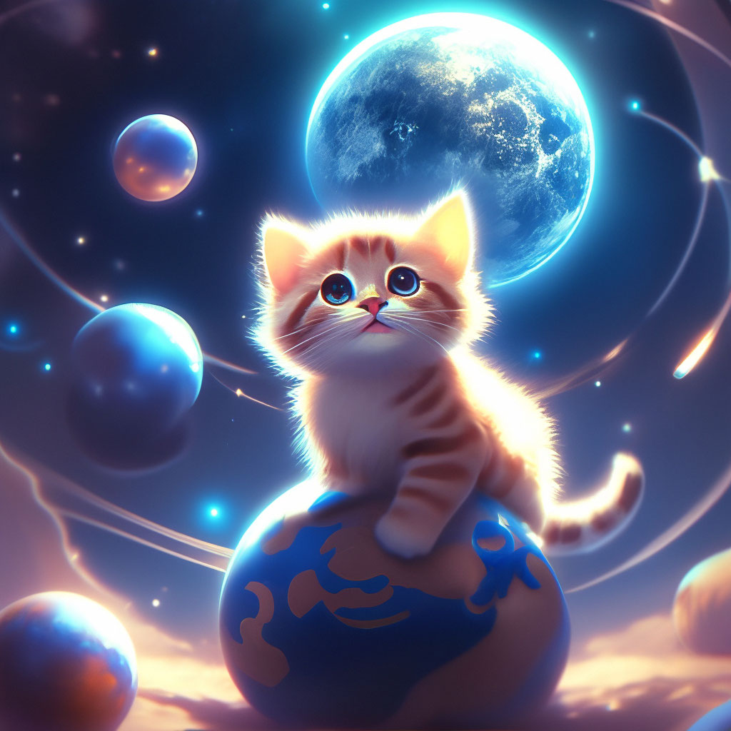 "Fantasy, the image of a cute cat playing with a ball in the form of a ...